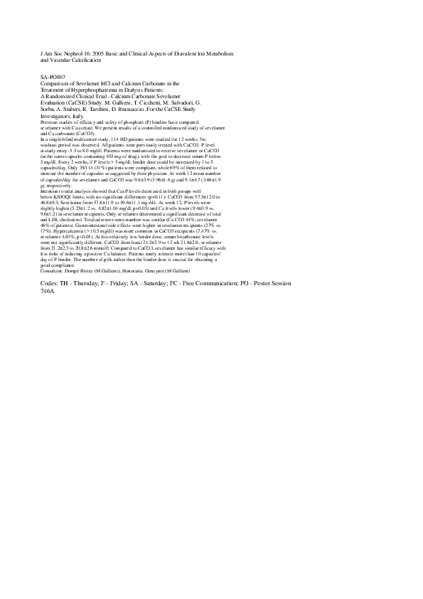 (PDF) Comparison of Sevelamer HCl and Calcium Carbonate in the