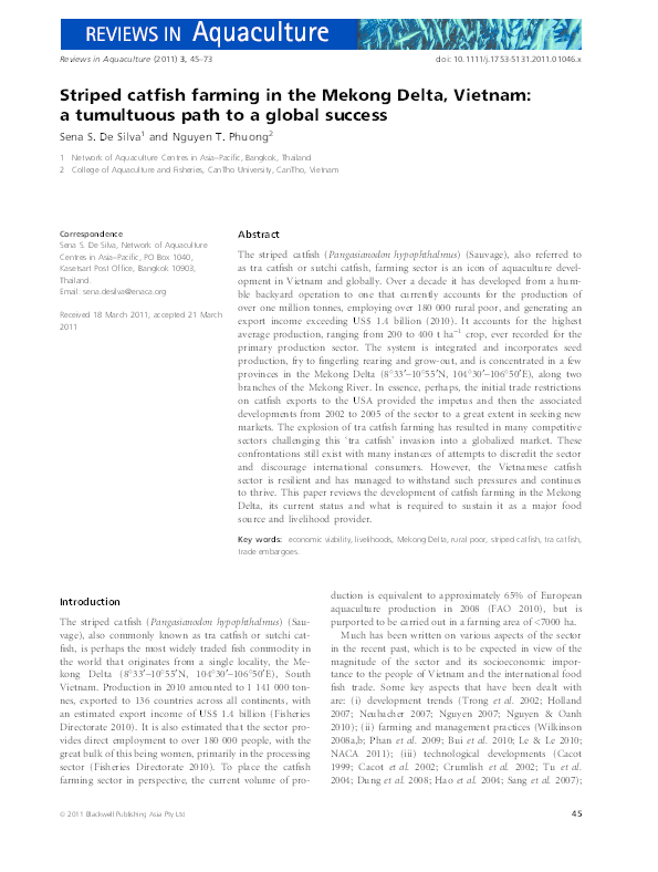 (PDF) Striped catfish farming in the Mekong Delta, Vietnam a tumultuous path to a global