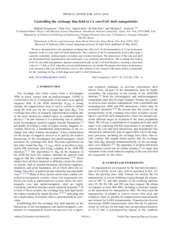 (PDF) Controlling the exchange bias field in Co core/CoO shell ...