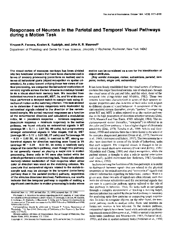 (PDF) Responses of neurons in the parietal and temporal visual pathways ...