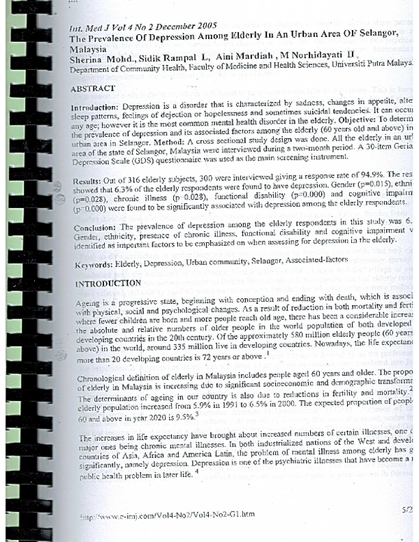 (PDF) The prevalence of depression among elderly in an urban area of ...