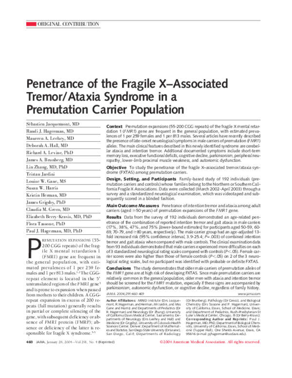 (PDF) Penetrance of the Fragile X–Associated Tremor/Ataxia Syndrome in ...