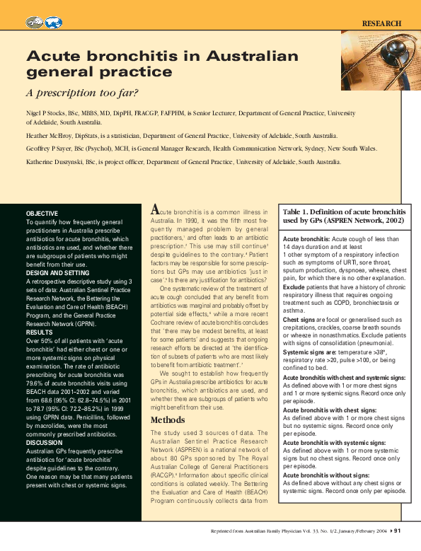 (PDF) Acute bronchitis in Australian general practice. A prescription
