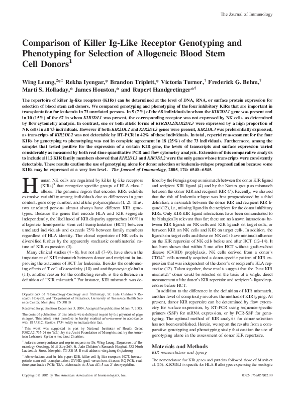 (PDF) Comparison of Killer Ig-Like Receptor Genotyping and Phenotyping ...