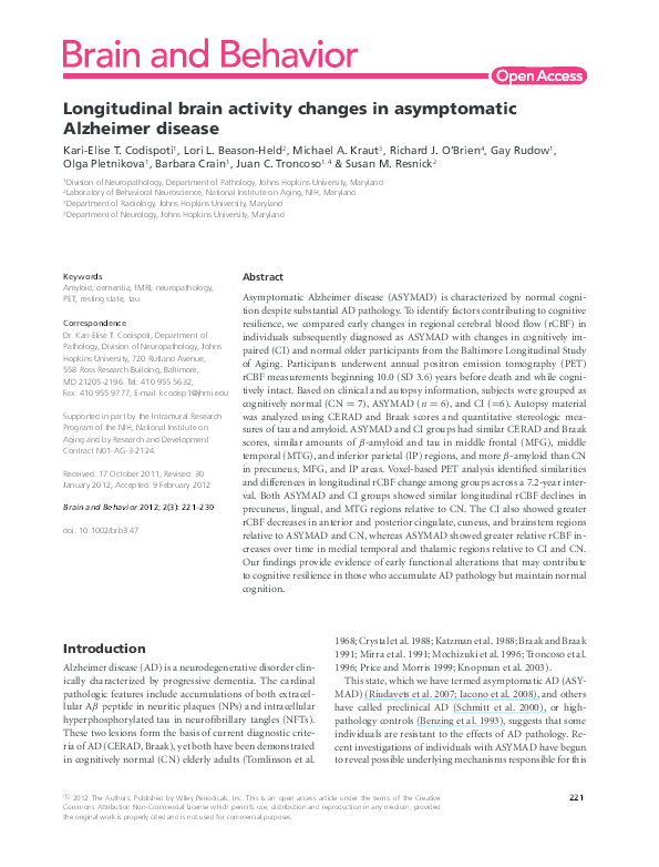 (PDF) Longitudinal brain activity changes in asymptomatic Alzheimer disease