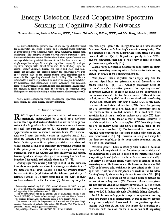 (PDF) Energy Detection Based Cooperative Spectrum Sensing in Cognitive ...