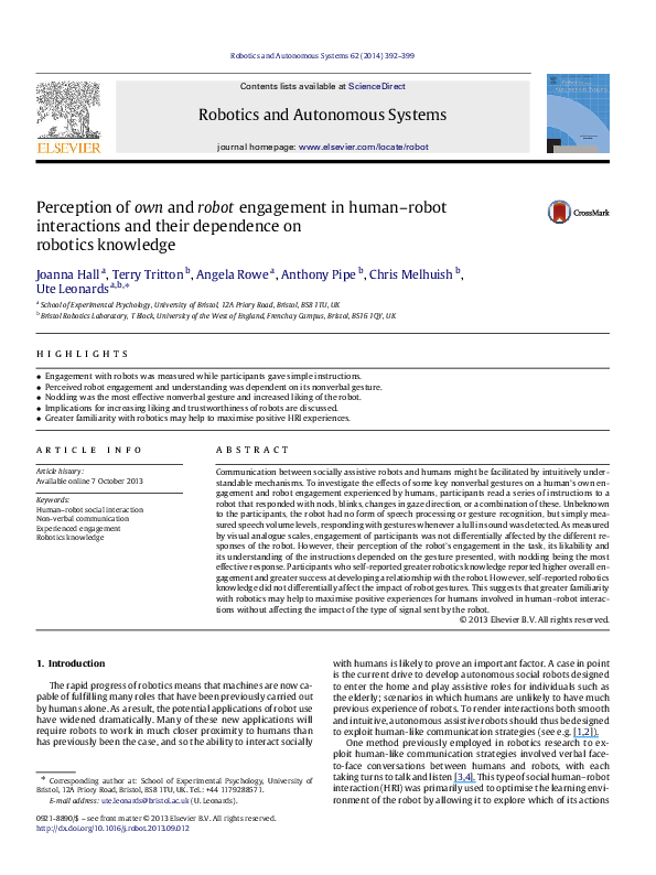 (PDF) Perception of own and robot engagement in human–robot ...