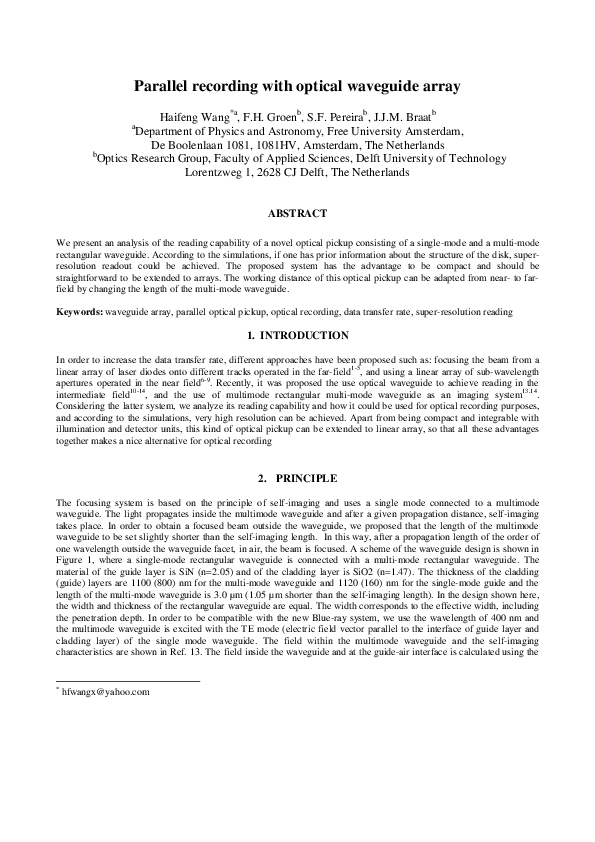(PDF) Parallel recording with optical waveguide array