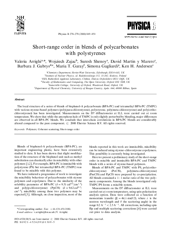 Pdf Short Range Order In Blends Of Polycarbonates With Polystyrenes Valeria Arrighi Academia Edu