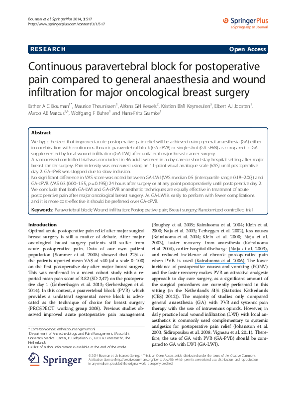 (PDF) Continuous paravertebral block for postoperative pain compared to ...