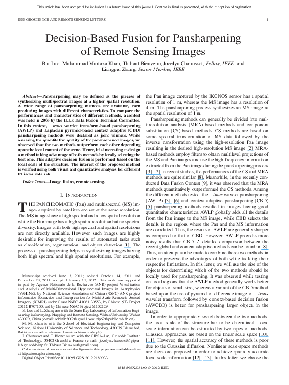 (PDF) Decision-based fusion for pansharpening of remote sensing images