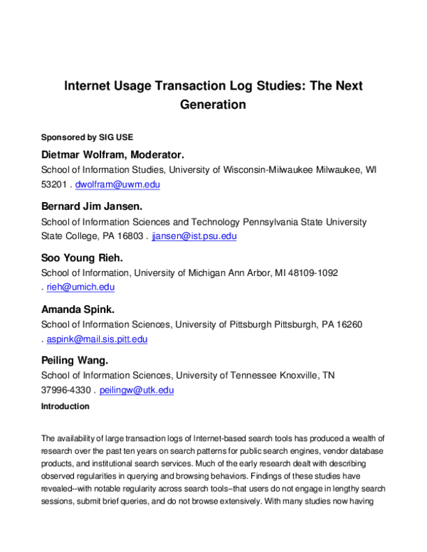 (PDF) Internet usage transaction log studies: The next generation