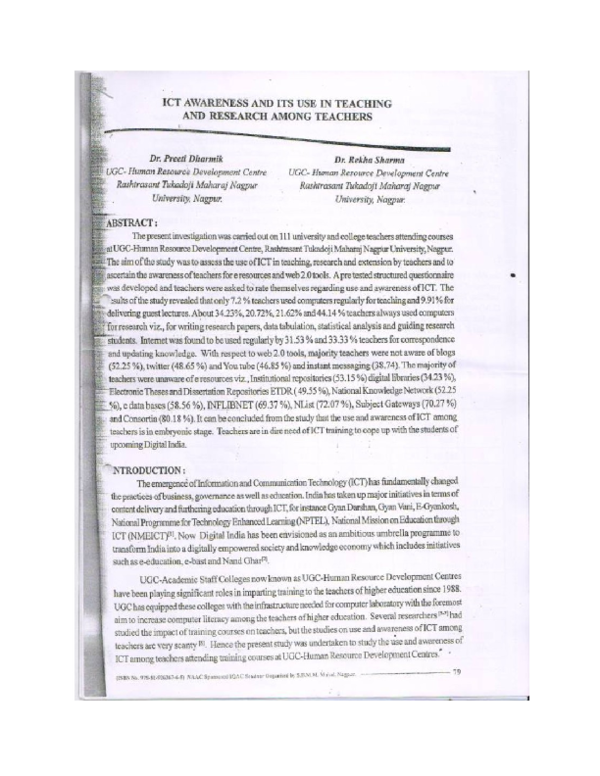 (DOC) ICT Awareness And Its Use In Teaching And Research Among Teachers