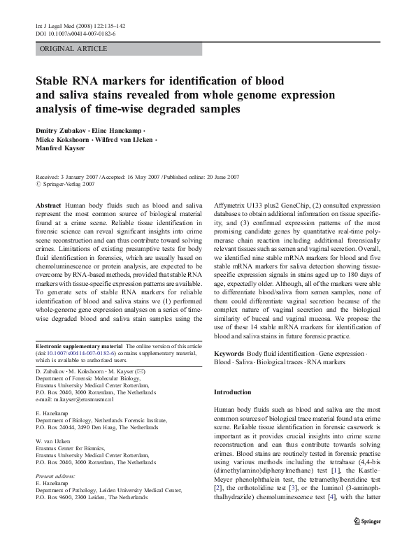 (PDF) Stable RNA markers for identification of blood and saliva stains ...