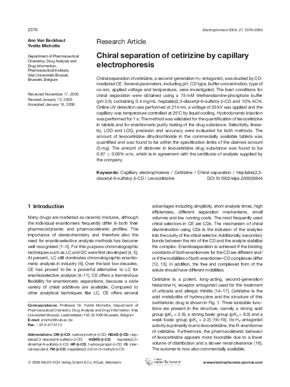 (PDF) Chiral separation of cetirizine by capillary electrophoresis