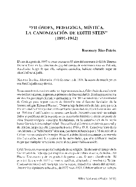 (PDF) “Filósofa, pedagoga, mística : la canonización de Edith Stein ...