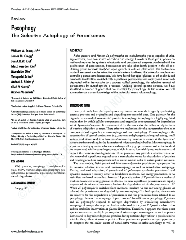 (PDF) Pexophagy: The Selective Autophagy of Peroxisomes | Oleh Stasyk ...