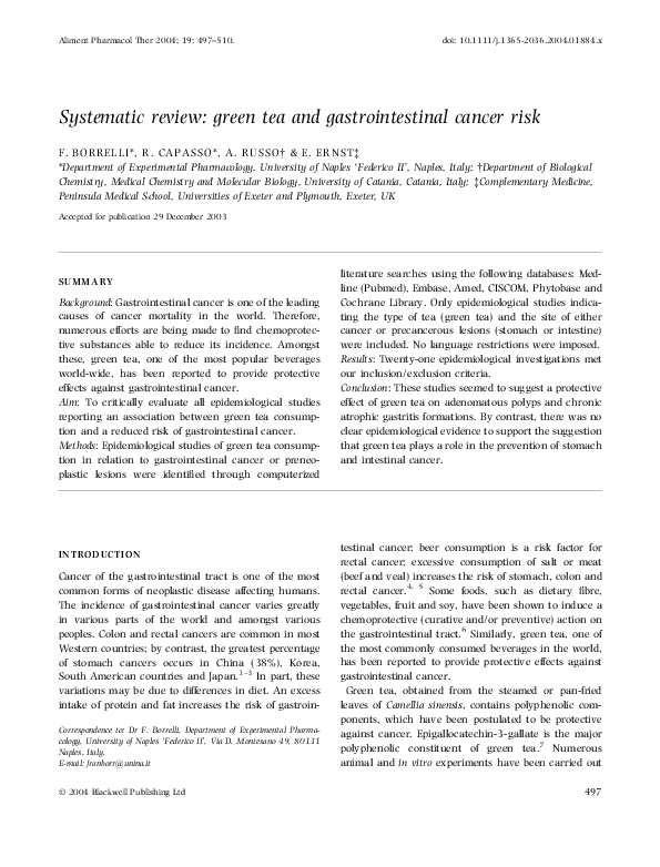 (PDF) Green tea and gastrointestinal cancer risk Francesca Borrelli Academia.edu