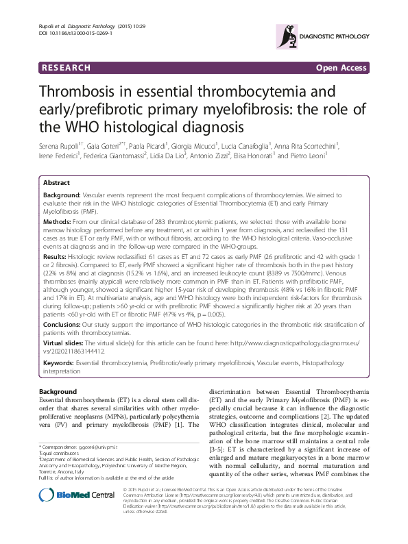 (PDF) Thrombosis in essential thrombocytemia and early/prefibrotic ...