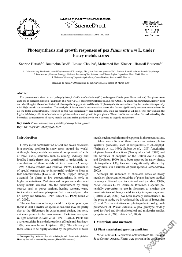 (PDF) Photosynthesis and growth responses of pea Pisum sativum L. under ...