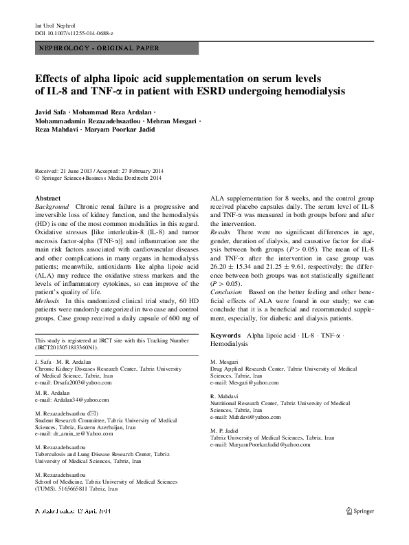 (PDF) Effects of alpha lipoic acid supplementation on serum levels of ...