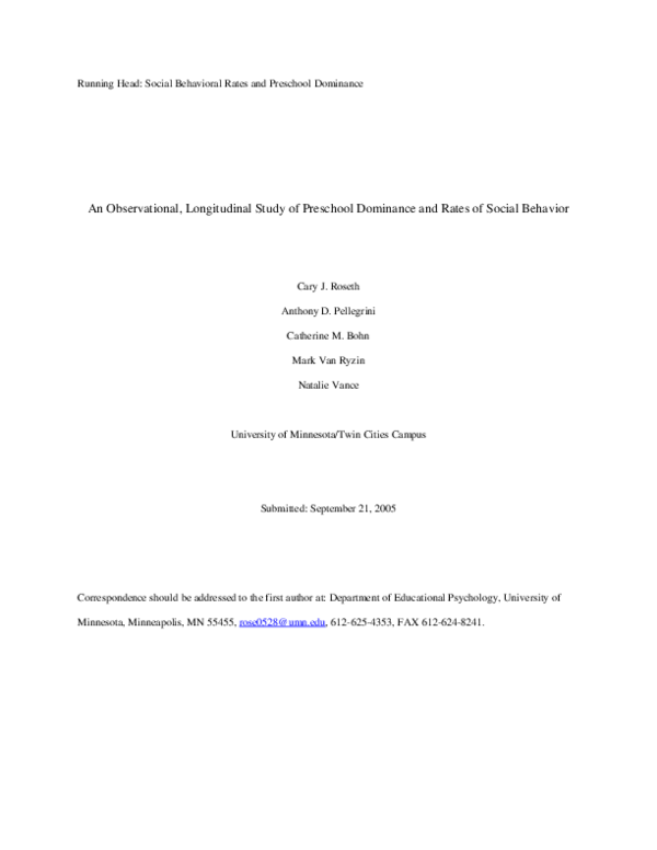 (PDF) An Observational, Longitudinal Study of Preschool Dominance and ...