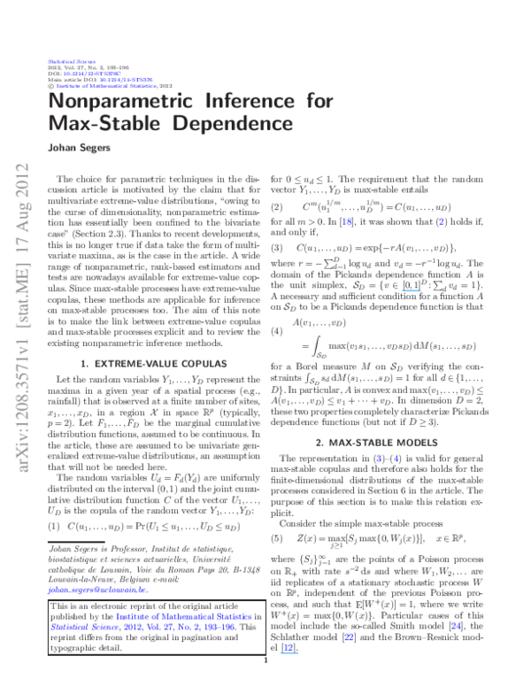 (PDF) Nonparametric Inference for Max-Stable Dependence