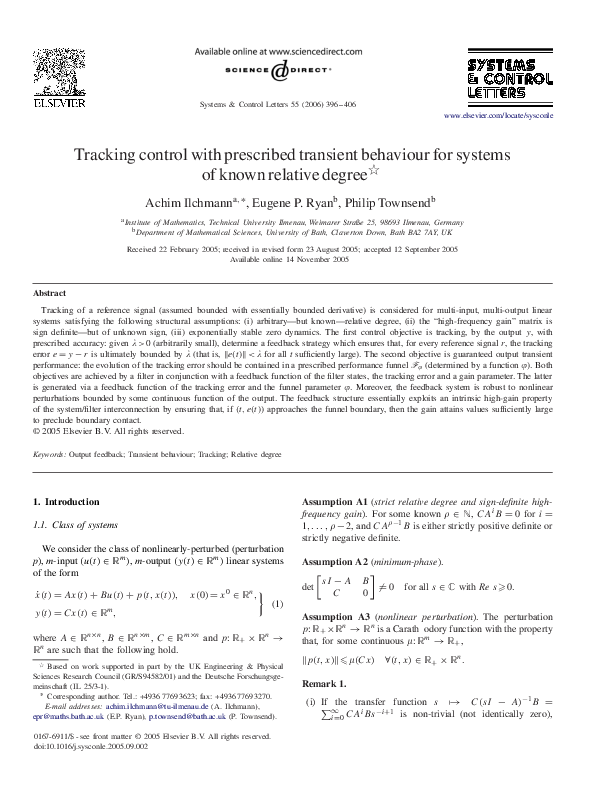 (PDF) Tracking control with prescribed transient behaviour for systems ...