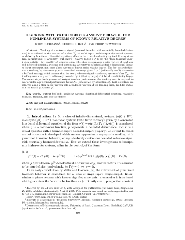 (PDF) Tracking with Prescribed Transient Behavior for Nonlinear Systems ...