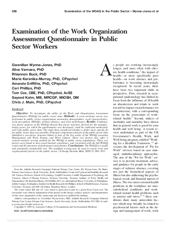 (PDF) Examination of the Work Organization Assessment Questionnaire in ...