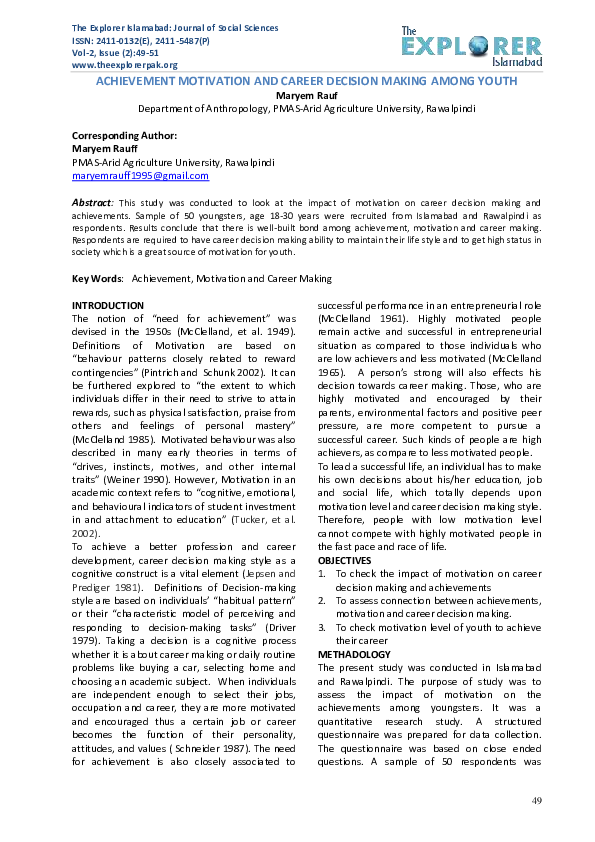 (PDF) ACHIEVEMENT MOTIVATION AND CAREER DECISION MAKING AMONG YOUTH