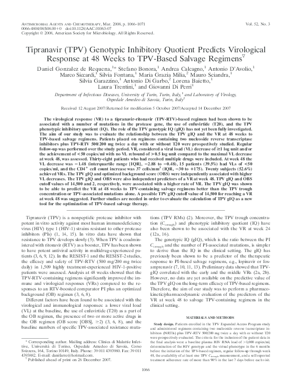(PDF) Tipranavir (TPV) Genotypic Inhibitory Quotient Predicts