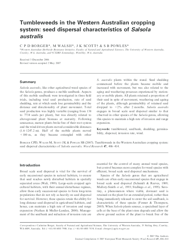 Tumbleweeds in the Western Australian cropping system: seed dispersal characteristics of Salsola australis