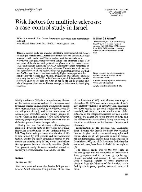 (PDF) Risk factors for multiple sclerosis: a case-control study in Israel