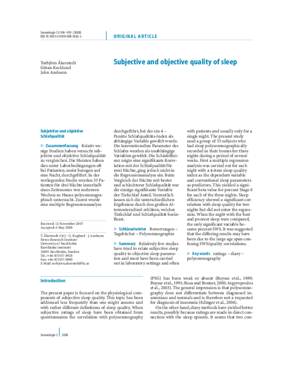 (PDF) Subjective and objective quality of sleep