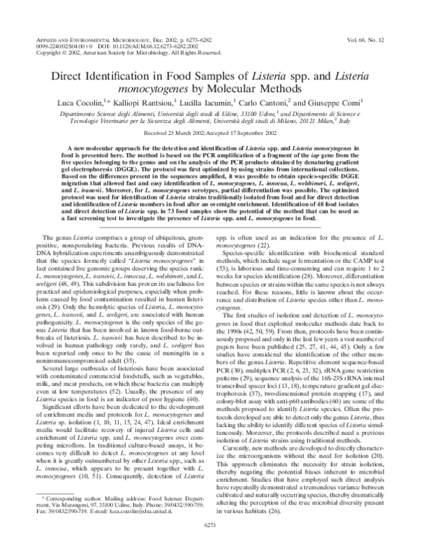 (PDF) Direct Identification in Food Samples of Listeria spp. and Listeria monocytogenes by