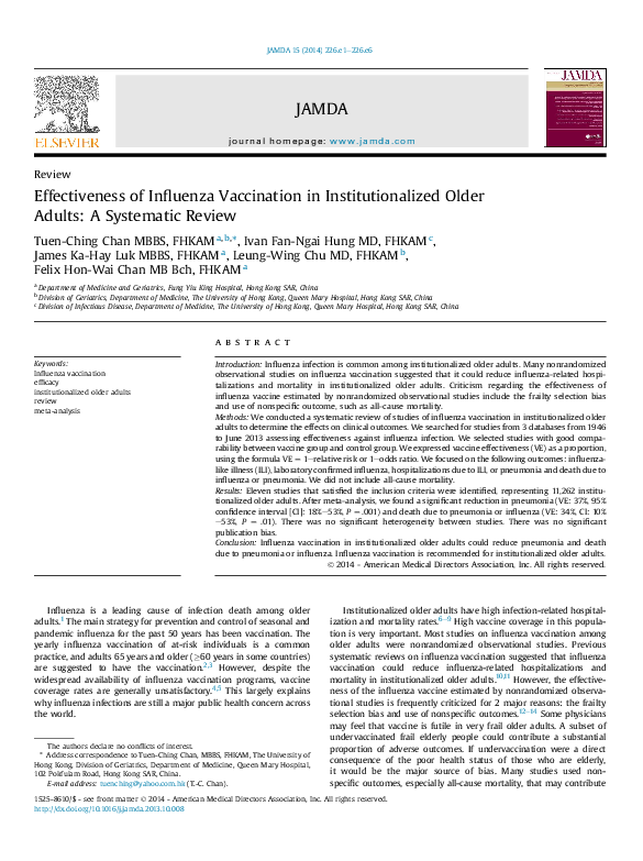 (PDF) Effectiveness of Influenza Vaccination in Institutionalized Older ...