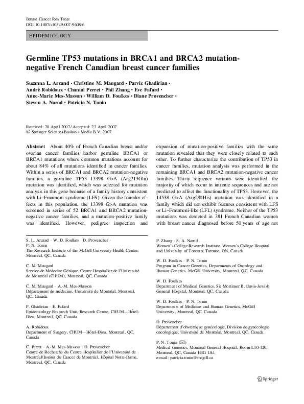 (PDF) Germline TP53 mutations in BRCA1 and BRCA2 mutation-negative ...