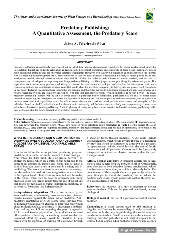 Predatory Publishing: A Quantitative Assessment, the Predatory Score