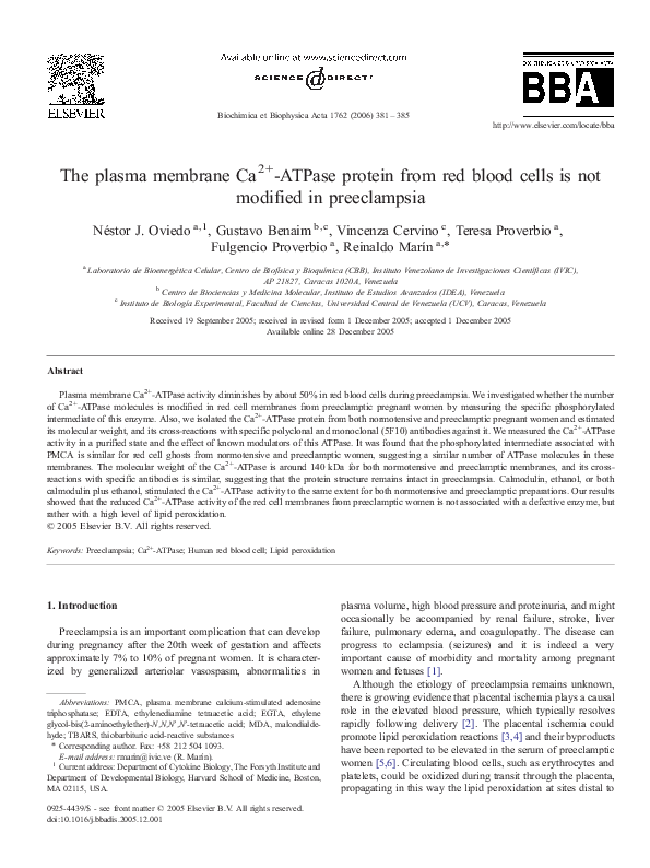 (PDF) The plasma membrane Ca2+-ATPase protein from red blood cells is ...