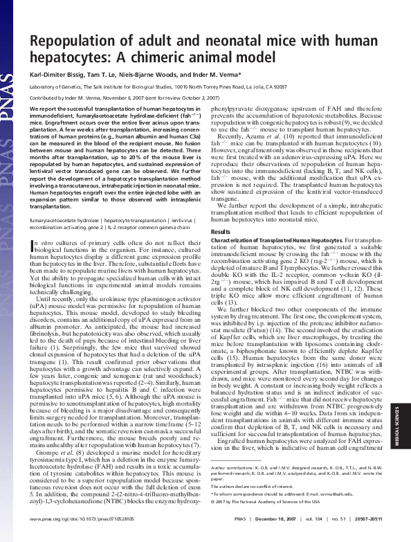 (PDF) Repopulation of adult and neonatal mice with human hepatocytes: A ...