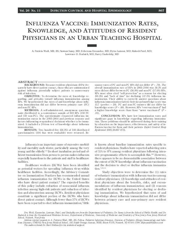 (PDF) Influenza Vaccine: Immunization Rates, Knowledge, and Attitudes ...
