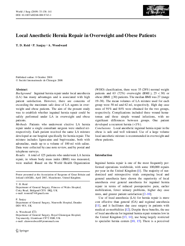 (PDF) Local Anesthetic Hernia Repair in Overweight and Obese Patients