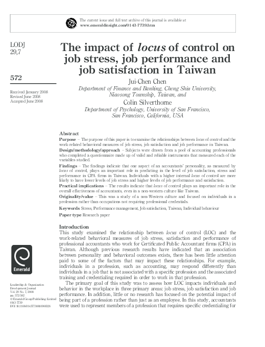 (PDF) The impact of locus of control on job stress, job performance and ...