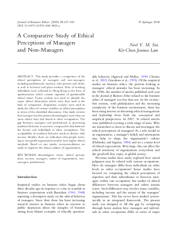 (PDF) A Comparative Study of Ethical Perceptions of Managers and Non ...