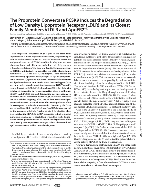 (PDF) The Proprotein Convertase PCSK9 Induces the Degradation of Low ...