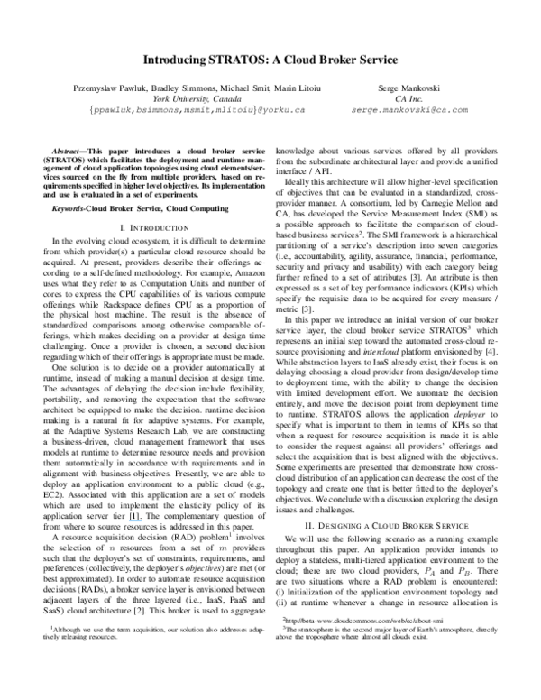 (PDF) Introducing STRATOS: A Cloud Broker Service