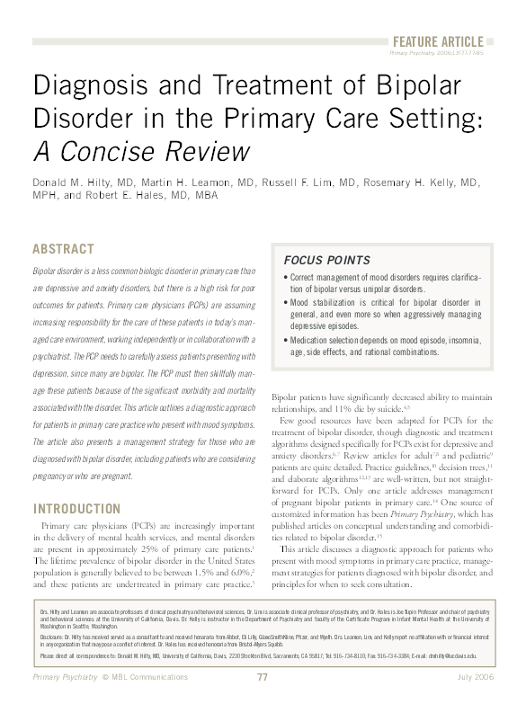 (PDF) Diagnosis and treatment of bipolar disorder in the primary care ...