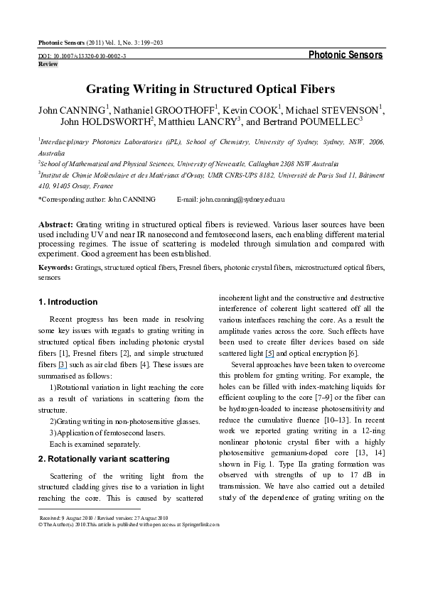(PDF) Grating writing in structured optical fibers John Holdsworth