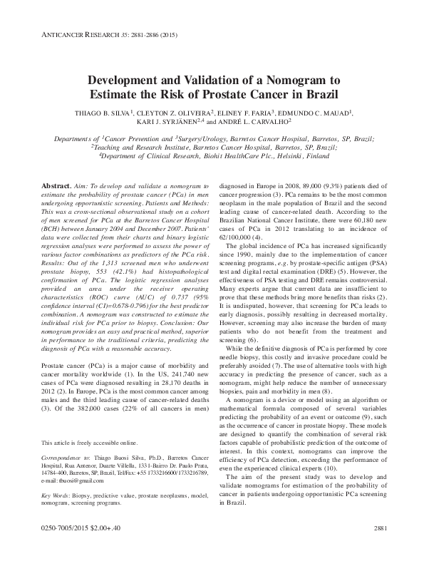 (PDF) Development and validation of a nomogram to estimate the risk of ...